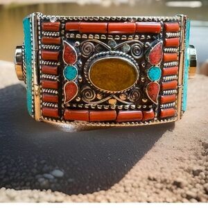 Handcrafted Ethnic Indo/Tibet Bangle Bracelet Inlay Stones Set In Silver 127gram